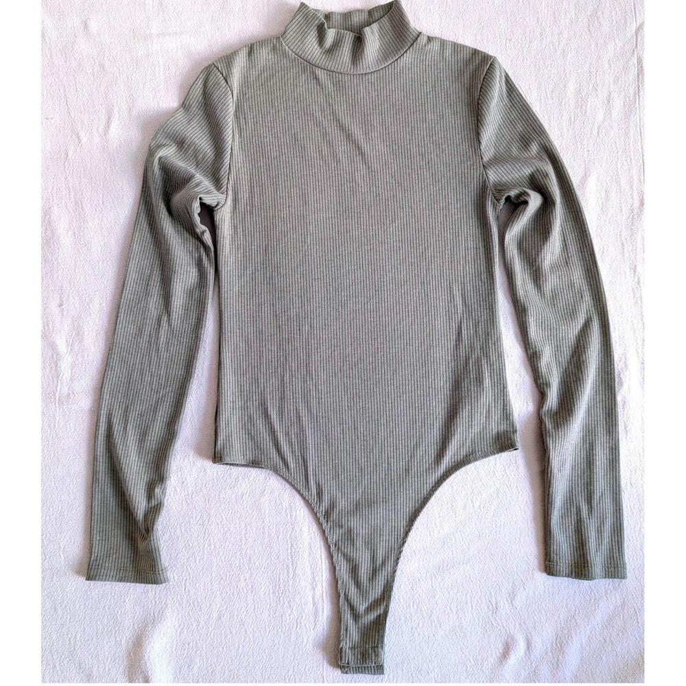 Ribbed Mock Neck Bodysuit Sage Green Long Sleeve Stretch Thong Medium